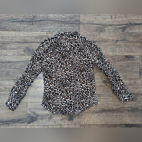 J Crew Small Leopard Linen Button Up Down Long Sleeve Top Shirt Slim Black Cream - Picture 3 of 6